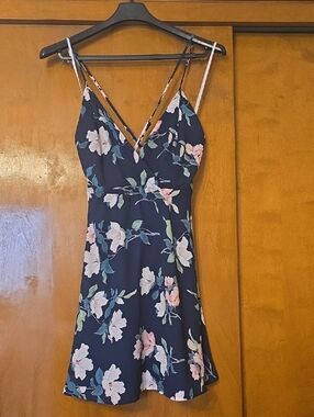 Lulu's Navy Floral Wrap-Front Spaghetti-Strap Mini Dress